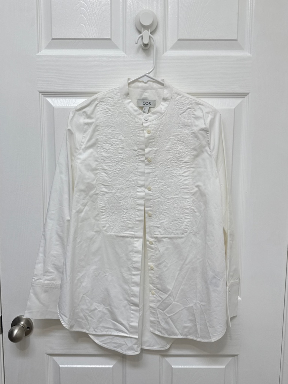 (New) COS White Embroidered Band-Collar Button-Down Shirt